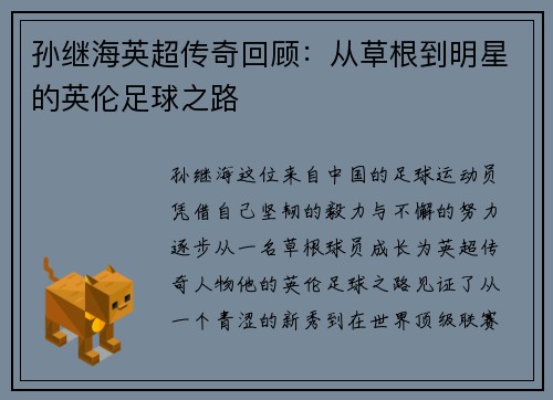 孙继海英超传奇回顾：从草根到明星的英伦足球之路